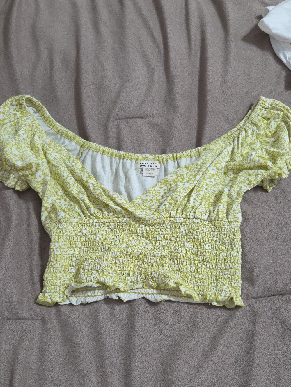 Billabong Yellow Floral Smocked Off-Shoulder Crop Top